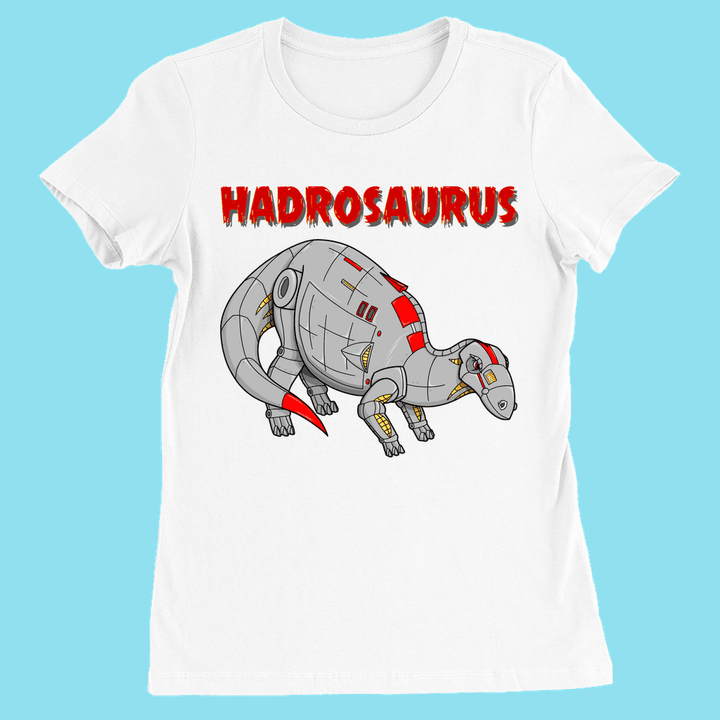 Jurassic Studio’s Women Robot Hadrosaur T-Shirt features a cartoon silver, red, and yellow robotic dinosaur with bold Hadrosaurus text on blue—a fun gift for dinosaur fans and a Jurassic Studio exclusive.