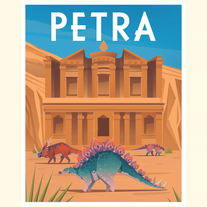 Petra Poster by Jurassic Studio features Petra’s ancient rock-cut building and three colorful dinosaurs under a blue sky with PETRA at the top—ideal as unique dinosaur art or a canvas poster.