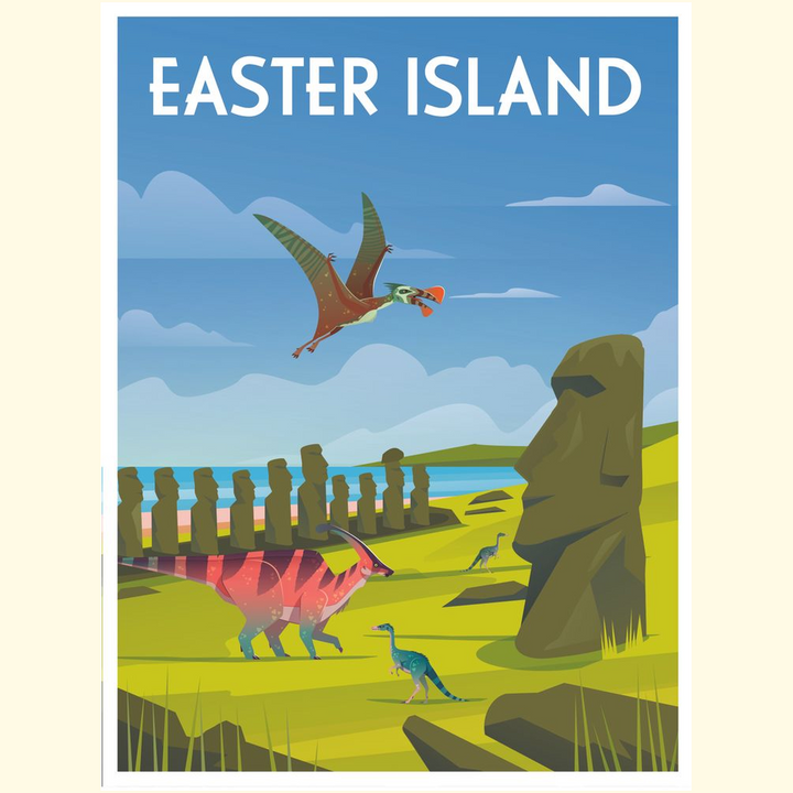 Jurassic Studios Easter Island Poster features large Moai statues, colorful dinosaurs, and a pterosaur with an egg set against a blue sky and grassy landscape.