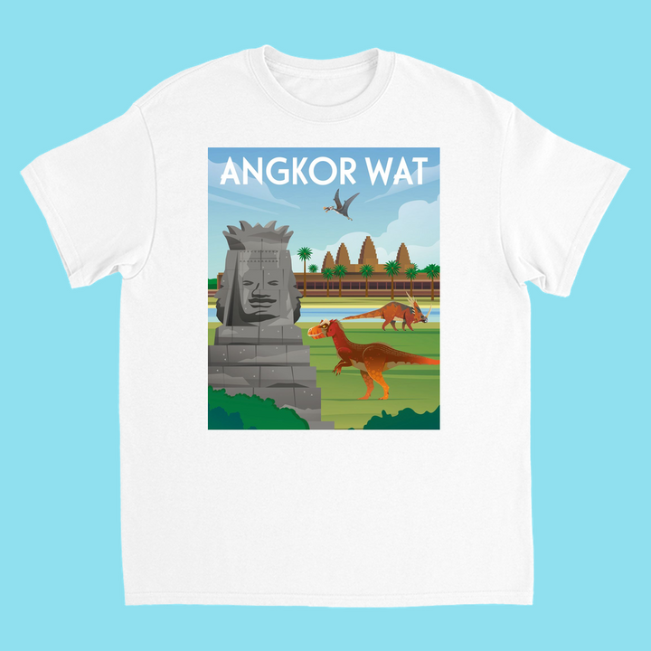 The Kids Angkor Wat T-Shirt by Jurassic Studio features a vibrant print of the temple, a giant stone face, two dinosaurs, and a flying pterosaur under a blue sky—perfect for young dinosaur fans.
