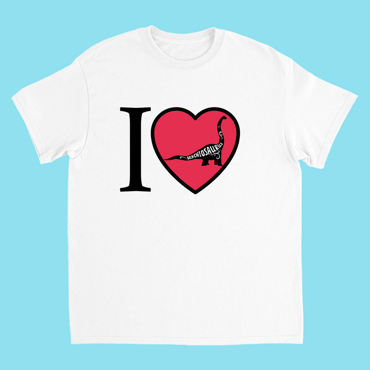 A white Kids I Love Brachiosaurus T-Shirt by Jurassic Studio—perfect for young dinosaur fans. The red heart features a black Brachiosaurus silhouette with BRAchIOSAURUS along its neck and back on a light blue background.