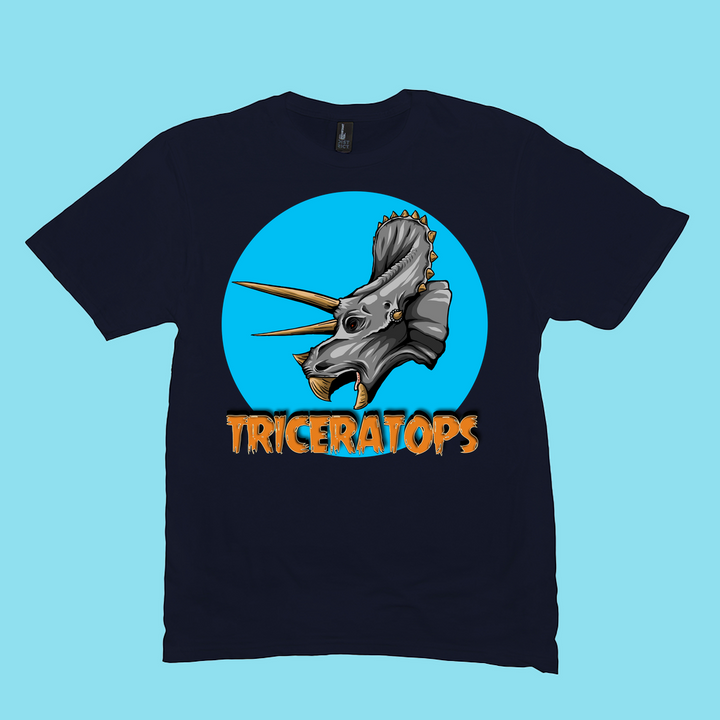 The Men Triceratops Head T-Shirt by Jurassic Studio features a black design with a gray triceratops head in a blue circle and bold, orange textured TRICERATOPS lettering—an ideal gift for any dinosaur fan.