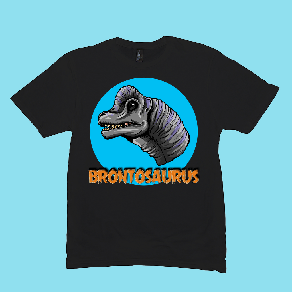 The Men Brontosaurus Head T-Shirt by Jurassic Studio features a black tee with a cartoon dino in a blue circle and bold orange BRONTOSAURUS—a perfect gift for dinosaur fans and a Jurassic Studio exclusive.