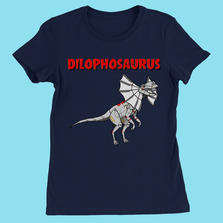 The Women Robot Dilophosaurus T-Shirt by Jurassic Studio features a cartoon robotic dino with metal parts and red accents under bold red DILOPHOSAURUS text—perfect for dinosaur fans.