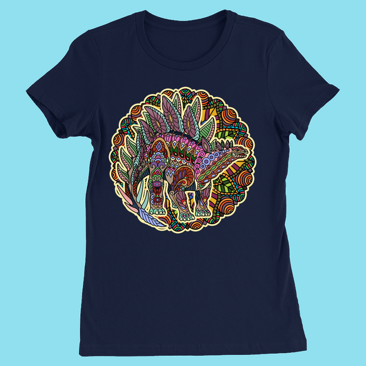The Jurassic Studio Women Stegosaurus Mandala T-Shirt showcases a colorful stegosaurus mandala design within a vibrant circular border, set against a light blue background—an exclusive dinosaur gift.