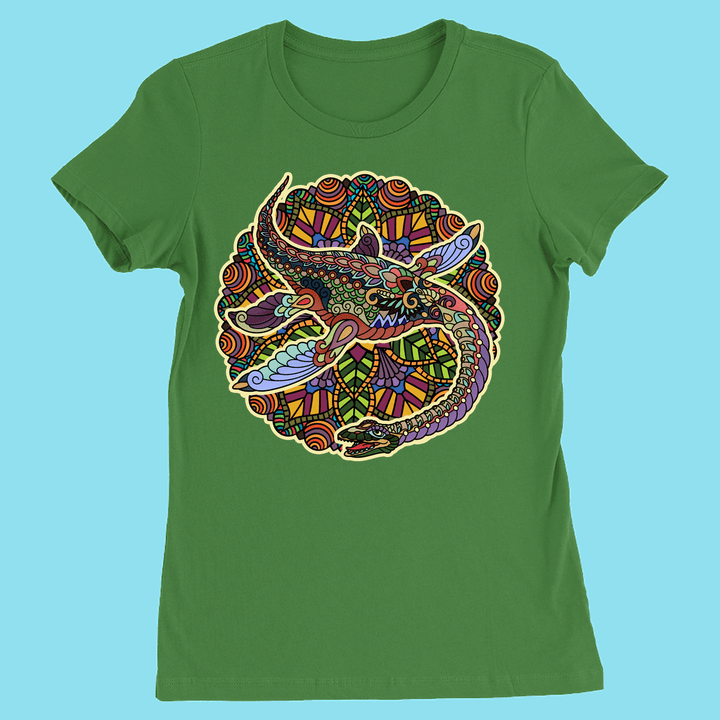 The Jurassic Studio Women Plesiosaurus Mandala T-Shirt features a vibrant mandala-style plesiosaurus design in bold colors—an exclusive gift for dinosaur fans.