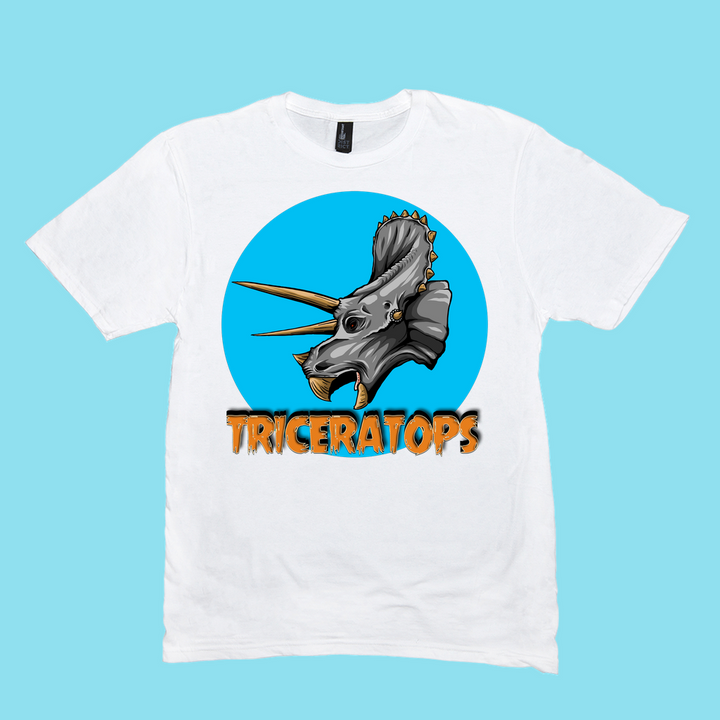 The Men Triceratops Head T-Shirt by Jurassic Studio shows a bold gray triceratops before a blue circle, with TRICERATOPS in orange and brown—ideal for dinosaur fans or as a mens Jurassic-themed gift.