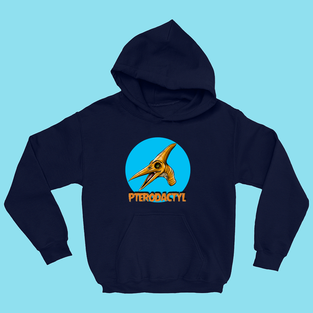 The Kids Pterodactyl Head Hoodie by Jurassic Studio features a yellow pterodactyl head in a blue circle with PTERODACTYL in bold yellow below, displayed on a light blue background.