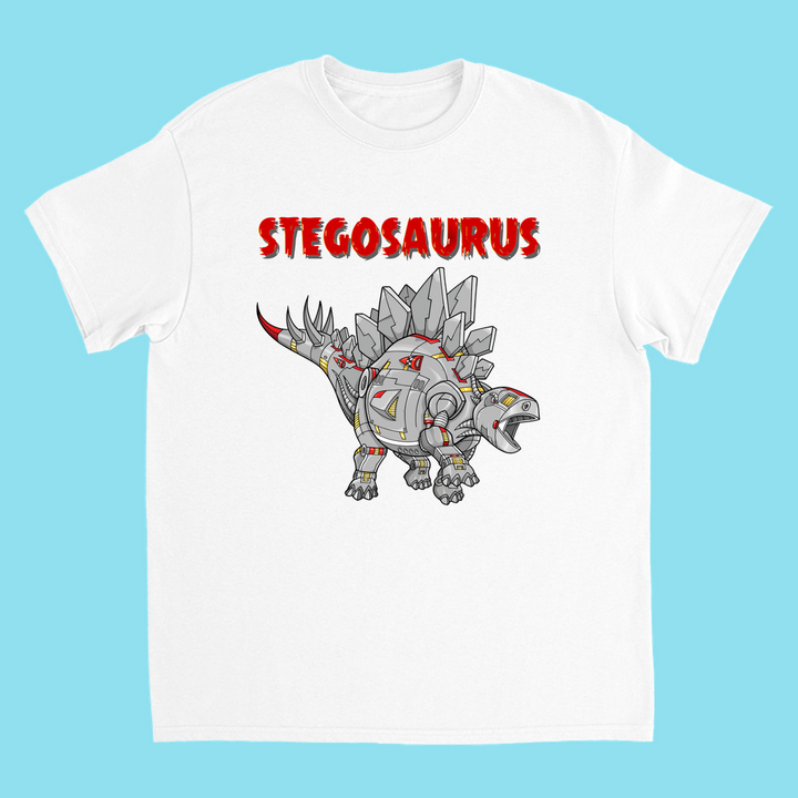 Jurassic Studio’s Kids Robot Stegosaurus T-Shirt features a robotic stegosaurus with red accents and STEGOSAURUS text on light blue—a perfect gift for young dinosaur fans.