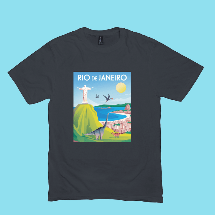 Men Rio de Janeiro T-Shirt by Jurassic Studio features an illustrated Rio with Christ the Redeemer, dinosaurs, pterosaurs, and Sugarloaf Mountain. A unique gift for dinosaur fans!.