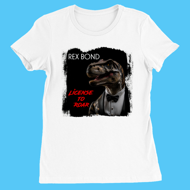 Jurassic Studio’s Women Rex Bond T-Shirt—white, with a tuxedo T-rex and “Rex Bond” above, “License to Roar” in red below—makes a clever dinosaur fan gift.