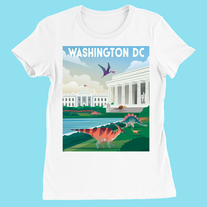 The Women Washington DC T-Shirt by Jurassic Studio features an illustrated White House, monuments, and dinosaurs—exclusive design perfect for women or any dinosaur fan gift.