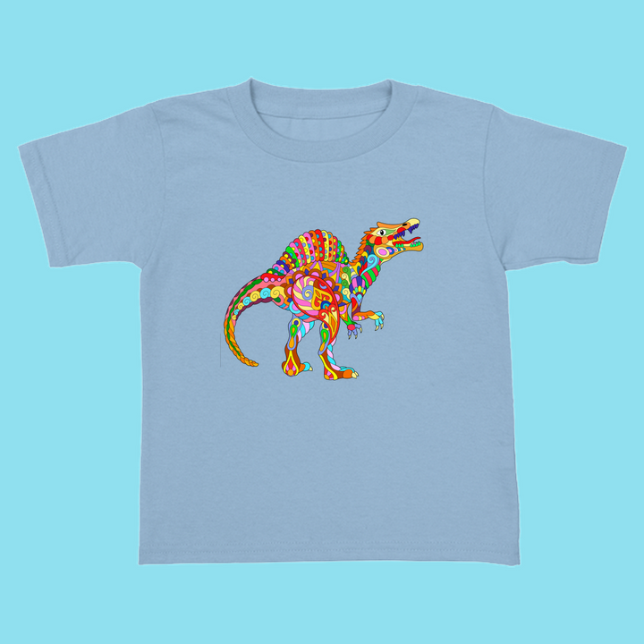 The Toddler Spinosaurus Zentangle T-Shirt by Jurassic Studio features a light blue design with a vibrant, patterned dinosaur illustration—perfect as a gift for any young dinosaur fan.