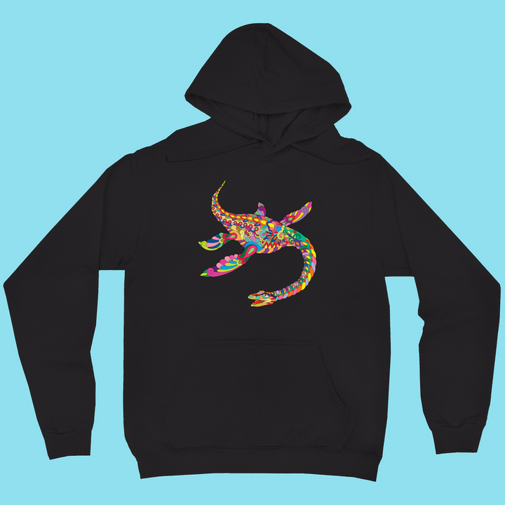 Jurassic Studio’s Men Plesiosaurus Zentangle Hoodie: a black unisex hoodie with a vibrant, abstract plesiosaur design on light blue—perfect for dinosaur fans seeking unique style.