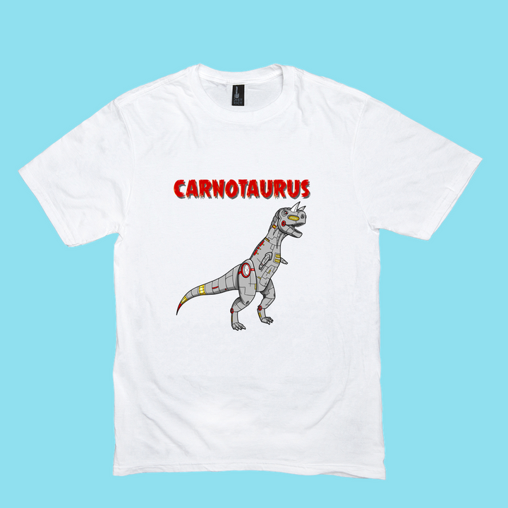 Jurassic Studios Men Robot Carnotaurus T-Shirt features a cartoon robot Carnotaurus with bold red CARNOTAURUS text on light blue—a perfect gift for dinosaur fans.