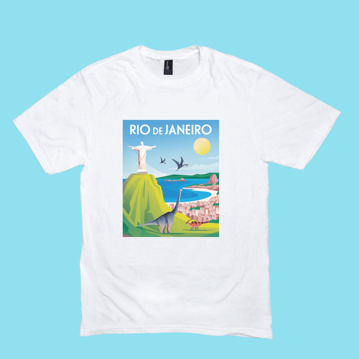 The Men Rio de Janeiro T-Shirt by Jurassic Studio features a vibrant Rio de Janeiro print with Christ the Redeemer, mountains, beach, and dinosaurs—a unique gift for dinosaur fans!.