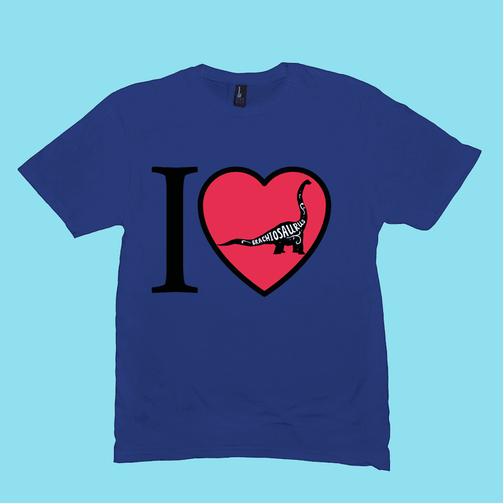 The Jurassic Studio Men I Love Brachiosaurus T-Shirt features a blue color, “I ♥” with a red heart and black brachiosaurus silhouette, and BRACHIOSAURUS in white letters across the dinosaur—ideal gift for dinosaur fans.
