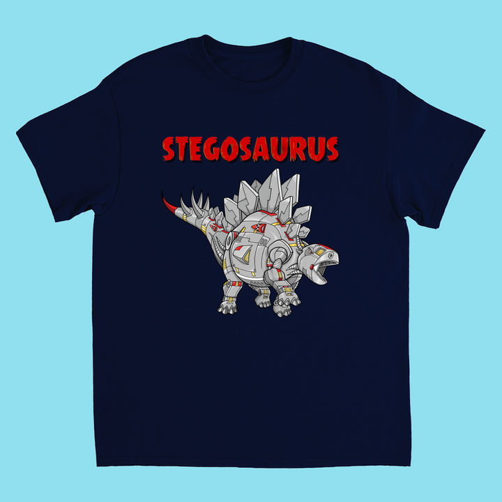 The Kids Robot Stegosaurus T-Shirt by Jurassic Studio features a navy blue design with a cartoon robotic stegosaurus, bold red “STEGOSAURUS” lettering, and red accents—shown on a light blue background. Perfect for dinosaur fans!.