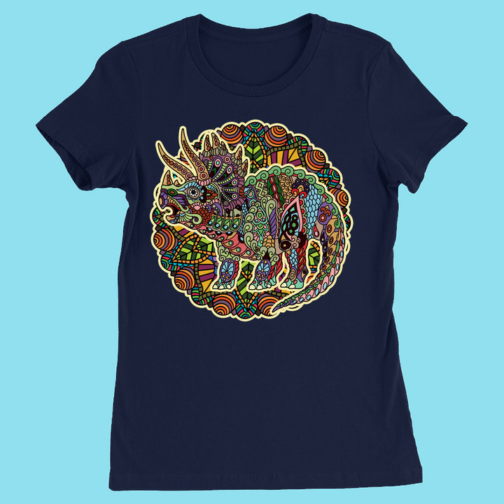 The Women Triceratops Mandala T-Shirt by Jurassic Studio features a vibrant, detailed Triceratops mandala design with bold patterns—a unique and stylish dinosaur gift exclusive to the brand.