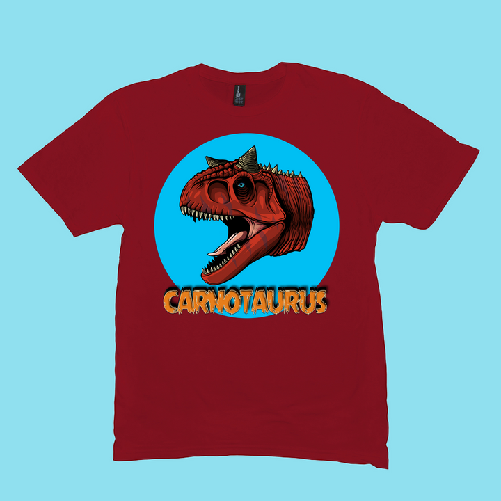 The Men Carnotaurus Head T-Shirt by Jurassic Studio features a bold dinosaur graphic inside a blue circle with CARNOTAURUS below—an exclusive gift for dinosaur fans.