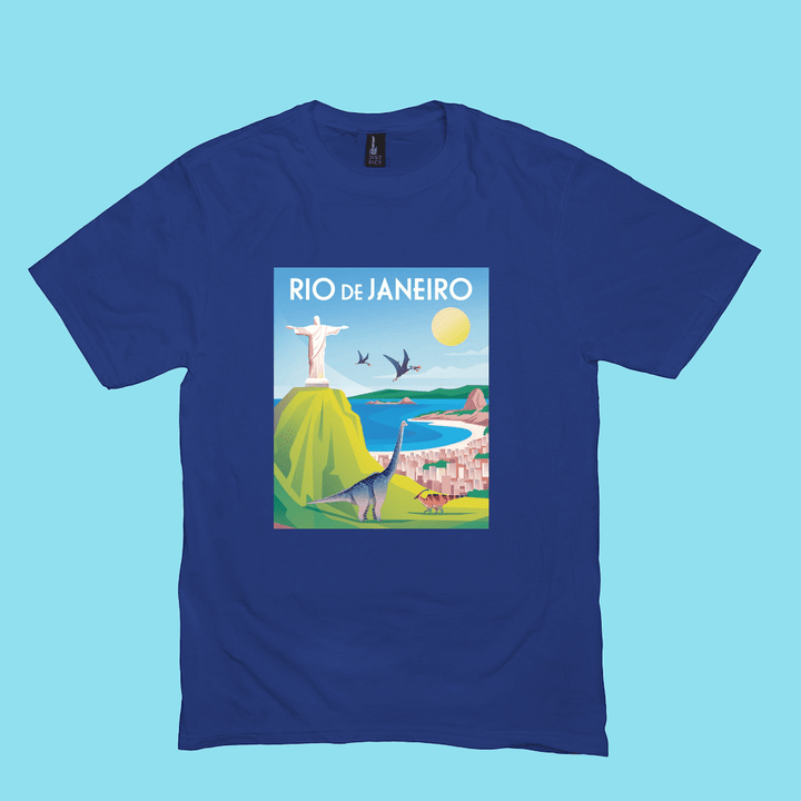 Jurassic Studio Men Rio de Janeiro T-Shirt features a colorful Rio graphic with Christ the Redeemer, dinosaurs, beaches, mountains, birds, and sun—a unique gift for dinosaur fans and a Jurassic Studio exclusive.