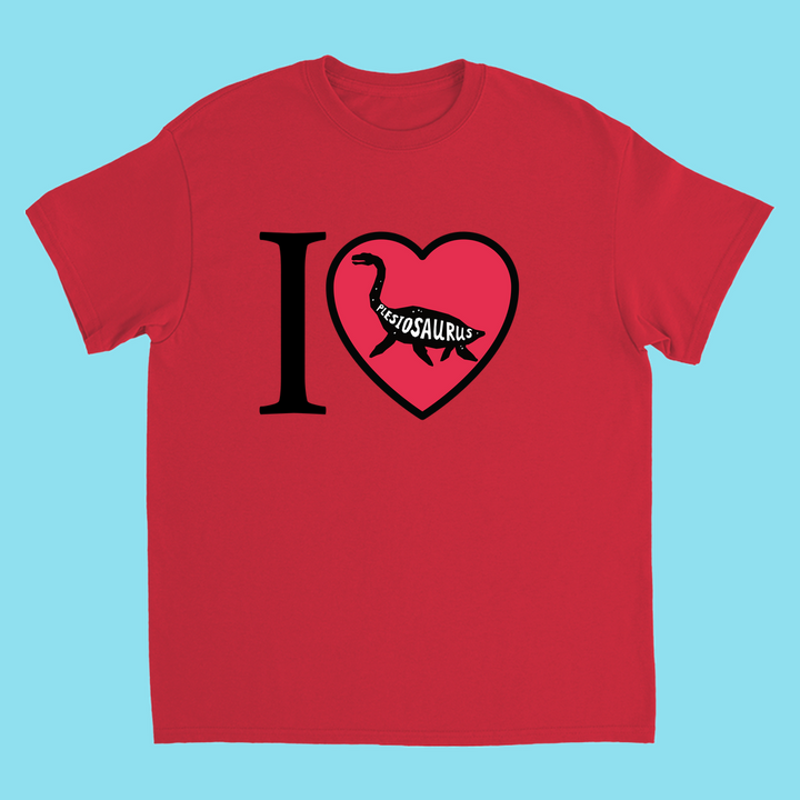 The Kids I Love Plesiosaurus T-Shirt by Jurassic Studio features a red tee with I ♥ Josaurus and a dinosaur silhouette in a heart on light blue—perfect for young dino fans and exclusive to Jurassic Studio.