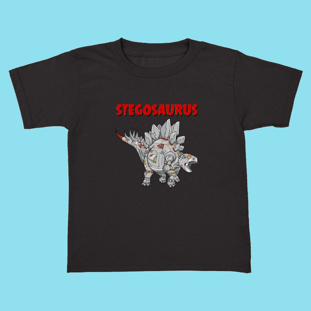 Jurassic Studios Toddler Robot Stegosaurus T-Shirt features a cartoon robot stegosaurus and bold red “STEGOSAURUS” text—perfect for little dinosaur fans.