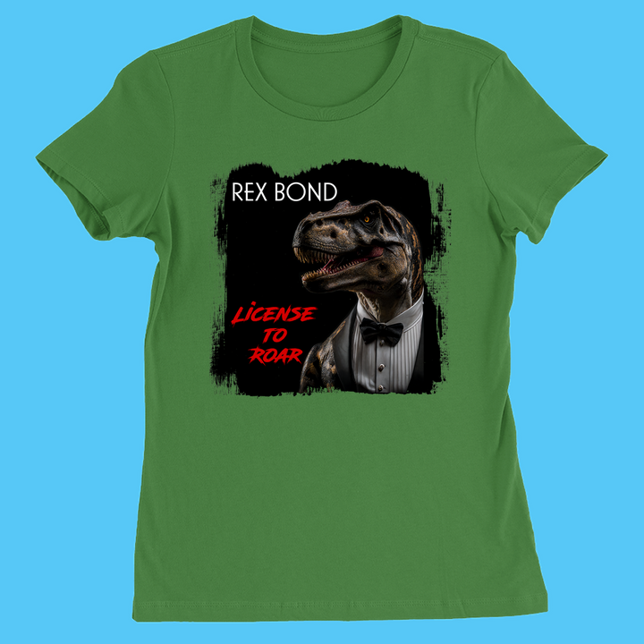 Jurassic Studio’s Women Rex Bond T-Shirt features a tuxedo-clad T. rex and License to Roar text on a black, painted-effect background—a fun dinosaur fan gift and exclusive addition to your wardrobe.