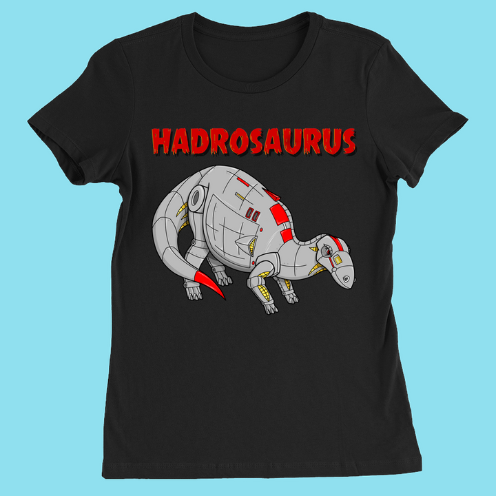 The Jurassic Studio Women Robot Hadrosaur T-Shirt features a cartoon metallic dinosaur labeled HADROSAURUS in bold red on a light blue background—perfect for dinosaur fans and a unique exclusive gift.