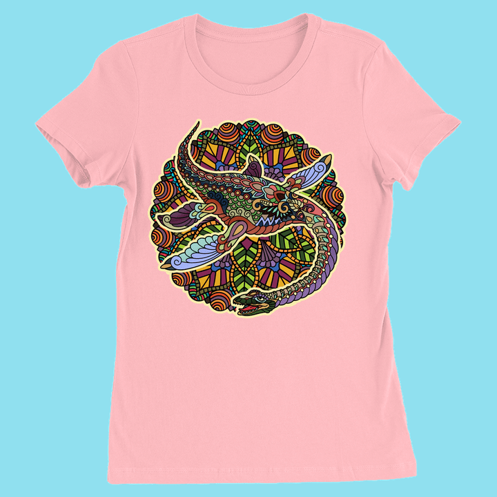 The Jurassic Studio Women Plesiosaurus Mandala T-Shirt features a vibrant mandala design of a plesiosaurus in reds, blues, purples, and greens on light blue—an exclusive gift for any dinosaur fan.