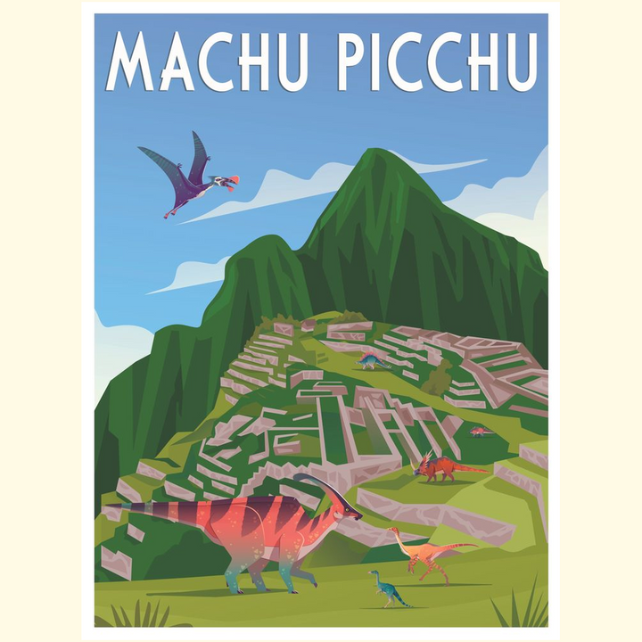 Jurassic Studios Machu Picchu Poster features ancient ruins with green mountains, dinosaurs, and a flying pterosaur under a blue sky. Machu Picchu is boldly displayed at the top in large white letters.