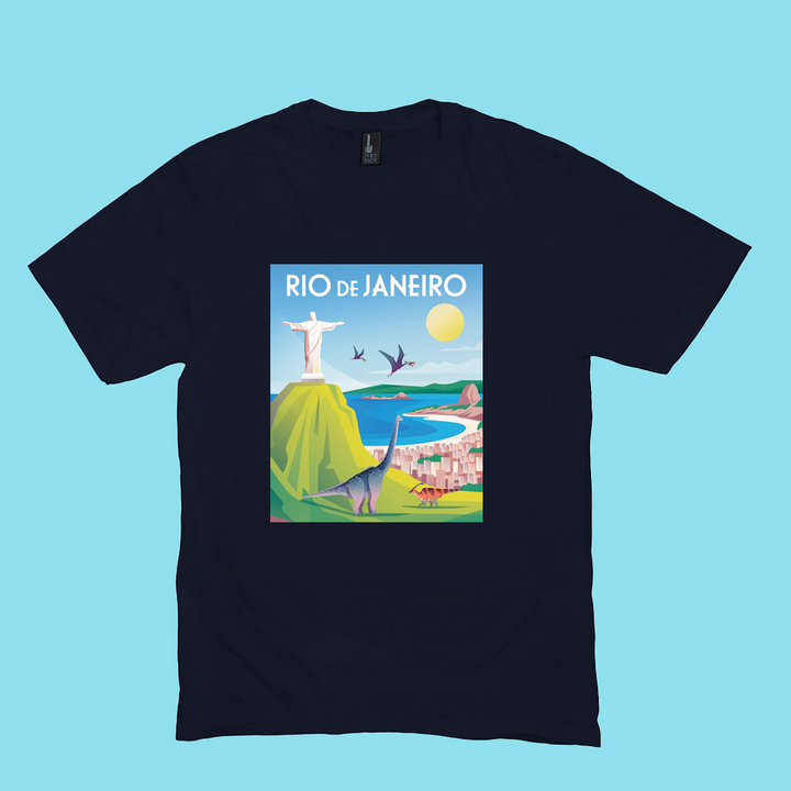 Jurassic Studio Men Rio de Janeiro T-Shirt features a colorful Rio scene with Christ the Redeemer, beach, mountains, dinosaurs, and Rio de Janeiro text. A unique Dino de Janeiro tee—great gift for dinosaur fans!.