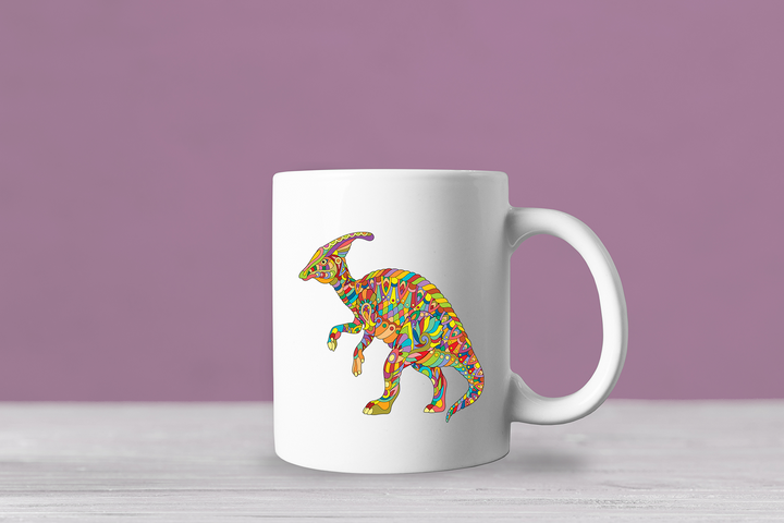 The Hadrosaur Zentangle Mug by Jurassic Studio showcases exclusive, colorful Parasaurolophus art on a light wood backdrop with a purple background—perfect for dinosaur fans who love unique designs.