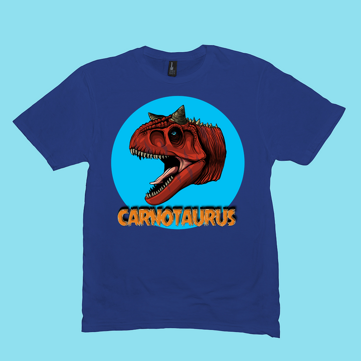 The Men Carnotaurus Head T-Shirt by Jurassic Studio features a red dinosaur head in a blue circle with bold orange CARNOTAURUS lettering—perfect for dino fans and available exclusively from Jurassic Studio.
