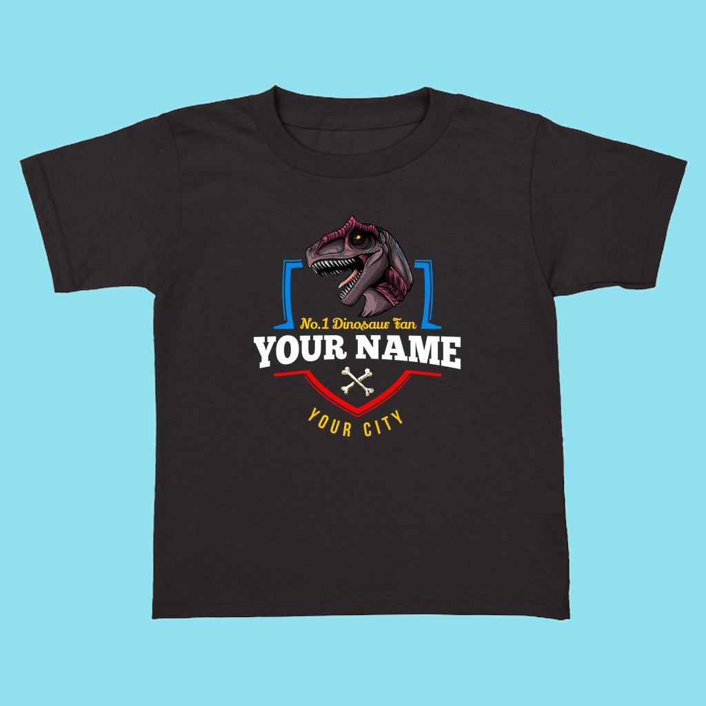 The N.1 Allosaurus Fan Custom Toddler T-Shirt by Jurassic Studio features a black design with a bold Allosaurus head and “No. 1 Dinosaur Fan, YOUR NAME, YOUR CITY”—a perfect personalized dino lover’s gift!.