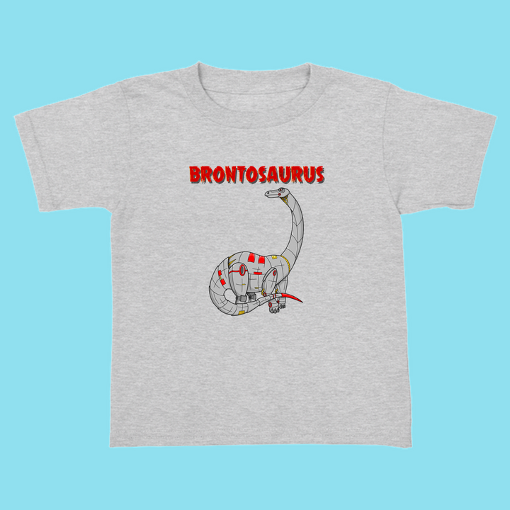 Jurassic Studios Toddler Robot Brontosaurus T-Shirt features a cartoon robot-dino with red accents and bold BRONTOSAURUS text on a light blue background. Perfect gift for any young dinosaur fan!.