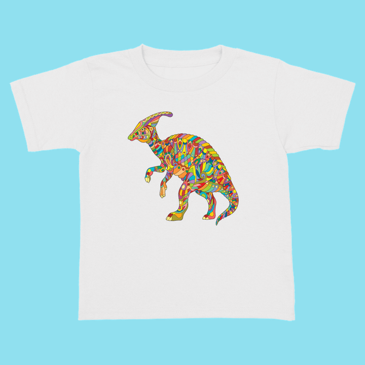 The Jurassic Studio Toddler Hadrosaur Zentangle T-Shirt is a 100% cotton shirt featuring a colorful, patterned dinosaur on a light blue background—an ideal gift for young dinosaur fans.