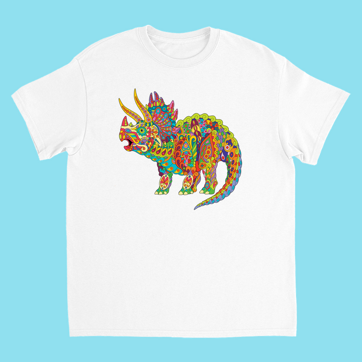 The Kids Triceratops Zentangle T-Shirt by Jurassic Studio features a colorful, patterned triceratops on a light blue background—a perfect gift for young dinosaur fans, available exclusively from Jurassic Studio.