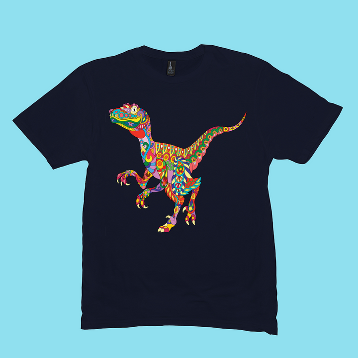 The Men Velociraptor Zentangle T-Shirt by Jurassic Studio features a colorful, intricately patterned velociraptor graphic on a light blue background—perfect for any Jurassic Studio collection.