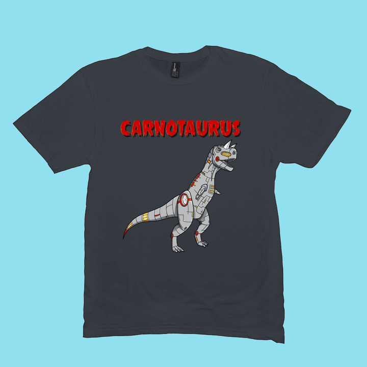 The Men Robot Carnotaurus T-Shirt by Jurassic Studio features a cartoon robot Carnotaurus under bold red CARNOTAURUS text on light blue—an exclusive, fun dinosaur fan gift.