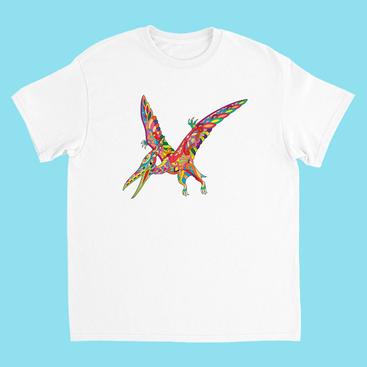 The Kids Pterodactyl Zentangle T-Shirt by Jurassic Studio features a colorful pterodactyl illustration in pink, orange, yellow, green, and blue on a light blue background—perfect for dinosaur fans.