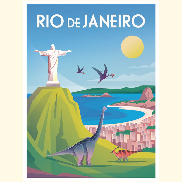 The Rio de Janeiro Poster by Jurassic Studio features imaginative dinosaur and pterosaur art set against the citys skyline, Christ the Redeemer statue, sunny sky, and coastline—blending prehistoric creatures with modern Rio.