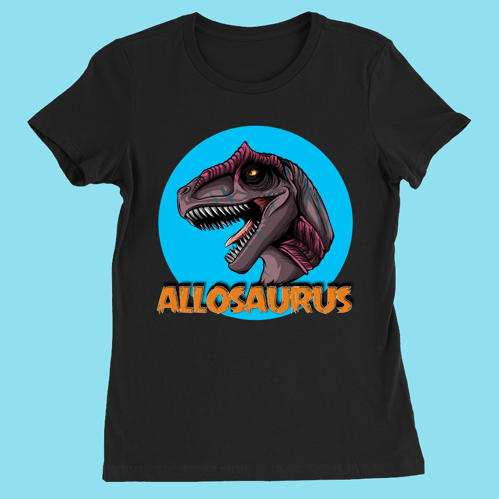 The Jurassic Studio Women Allosaurus Head T-Shirt features a fierce illustrated Allosaurus head in a blue circle with bold ALLOSAURUS text—perfect for dinosaur fans and any women’s Allosaurus T-shirt collection.