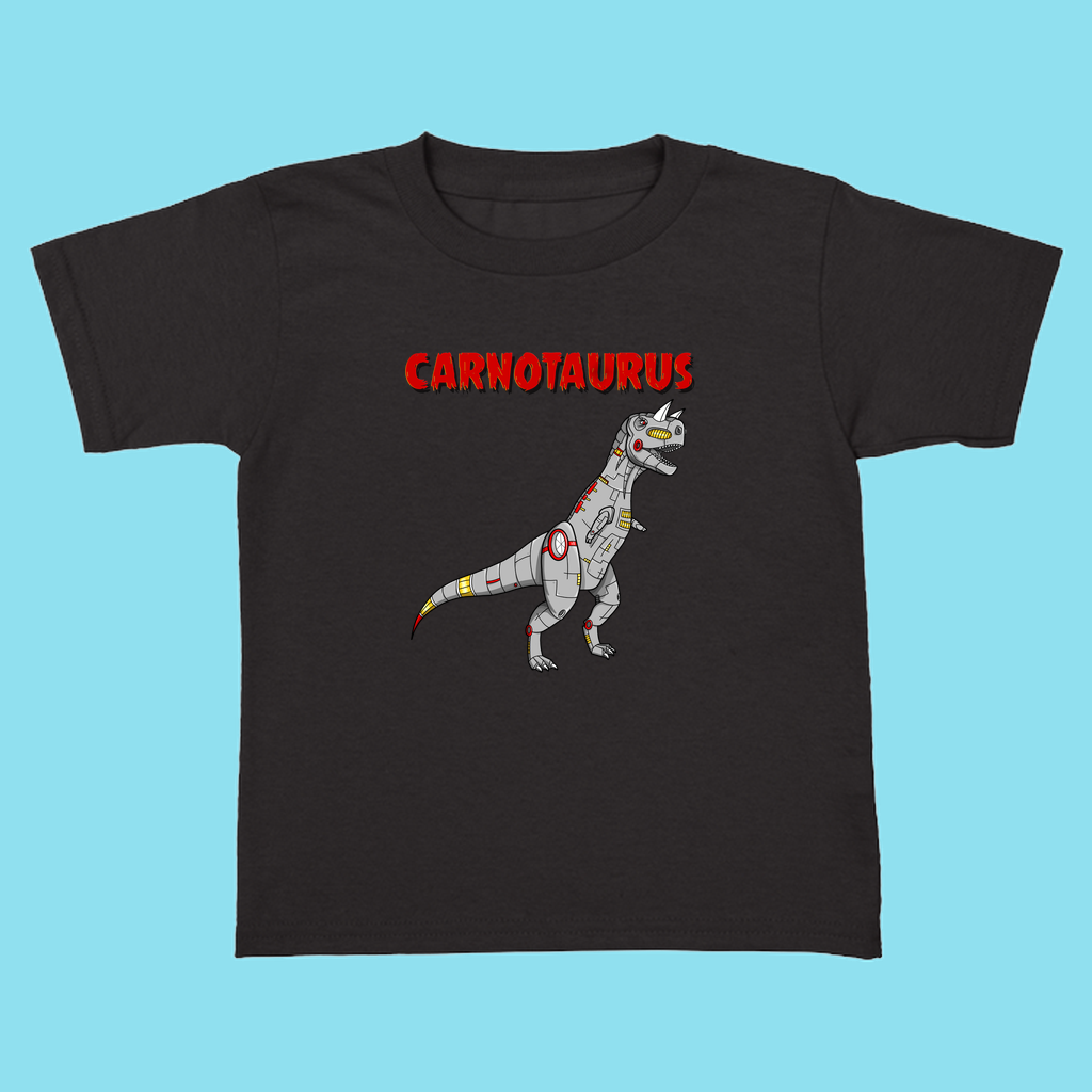Jurassic Studio’s Toddler Robot Carnotaurus T-Shirt features a cartoon robotic dino with red eyes and metal parts under bold CARNOTAURUS lettering—perfect for young dinosaur fans.