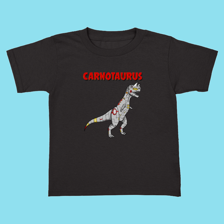 Jurassic Studio’s Toddler Robot Carnotaurus T-Shirt features a cartoon robotic dino with red eyes and metal parts under bold CARNOTAURUS lettering—perfect for young dinosaur fans.