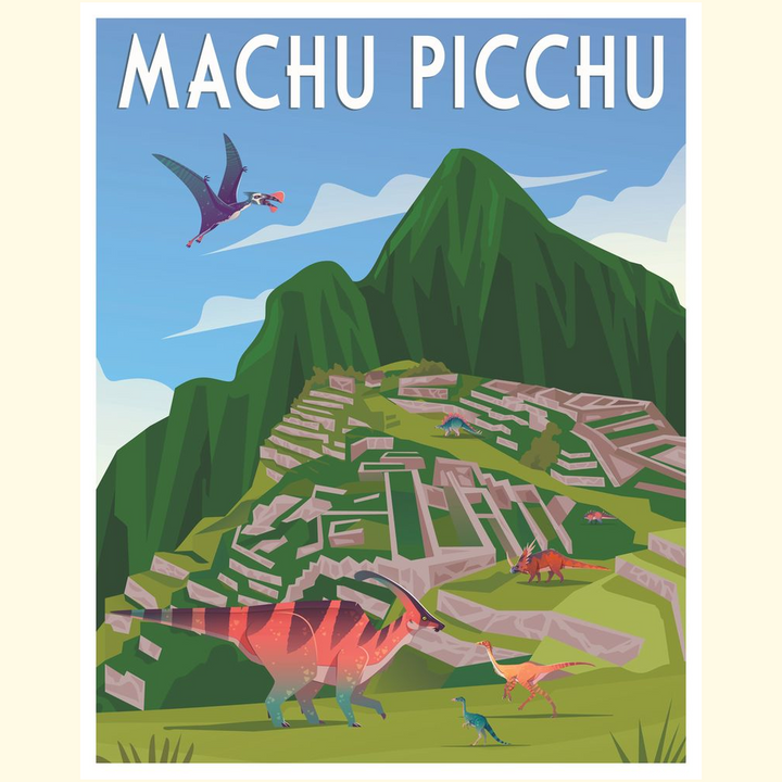 The Machu Picchu Poster by Jurassic Studio features vibrant dinosaur artwork of colorful dinosaurs and a pterosaur among ancient stone ruins with green mountains behind, and “Machu Picchu” displayed at the top.