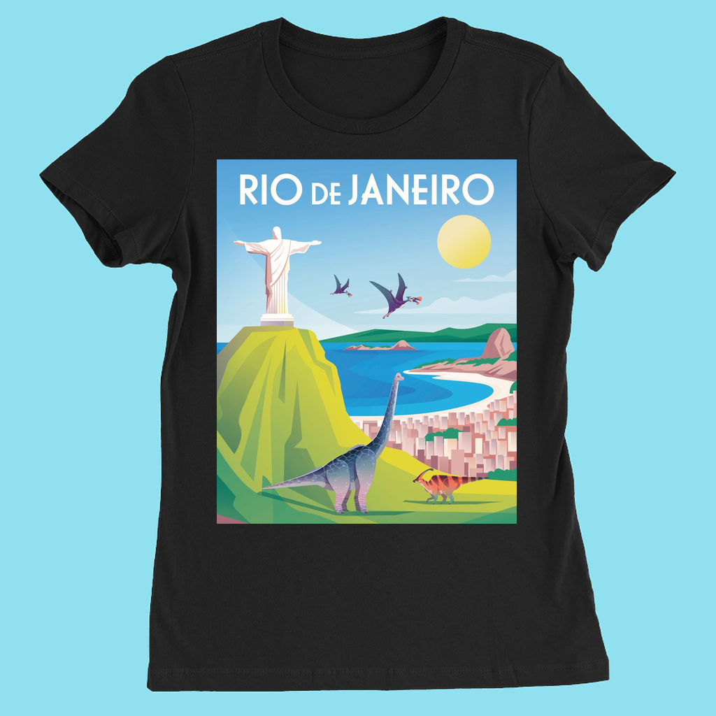 The Jurassic Studio Women Rio de Janeiro T-Shirt features a black slim fit and a vibrant graphic with Christ the Redeemer, Sugarloaf Mountain, sunny beaches, birds, and dinosaurs—an ideal unique gift for dinosaur fans.