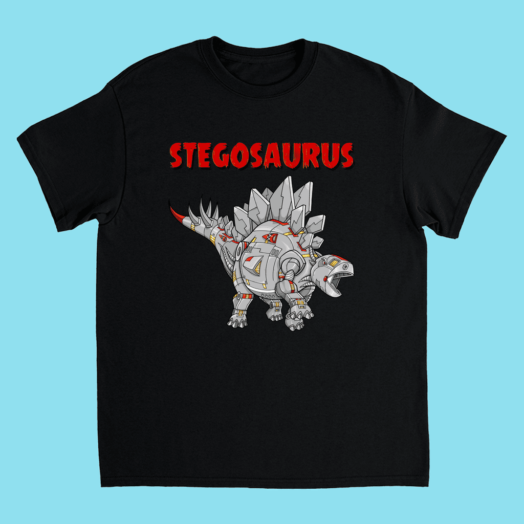 The Kids Robot Stegosaurus T-Shirt by Jurassic Studio features a robotic stegosaurus with silver and red accents, bold red STEGOSAURUS text, on a black shirt—perfect for dinosaur fans or as a unique gift. Light blue background shown.