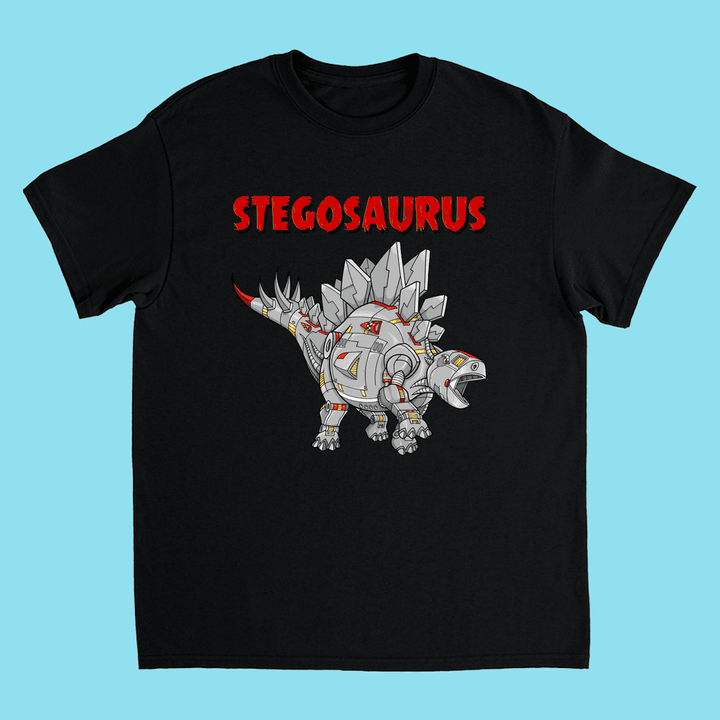 The Kids Robot Stegosaurus T-Shirt by Jurassic Studio features a robotic stegosaurus with silver and red accents, bold red STEGOSAURUS text, on a black shirt—perfect for dinosaur fans or as a unique gift. Light blue background shown.