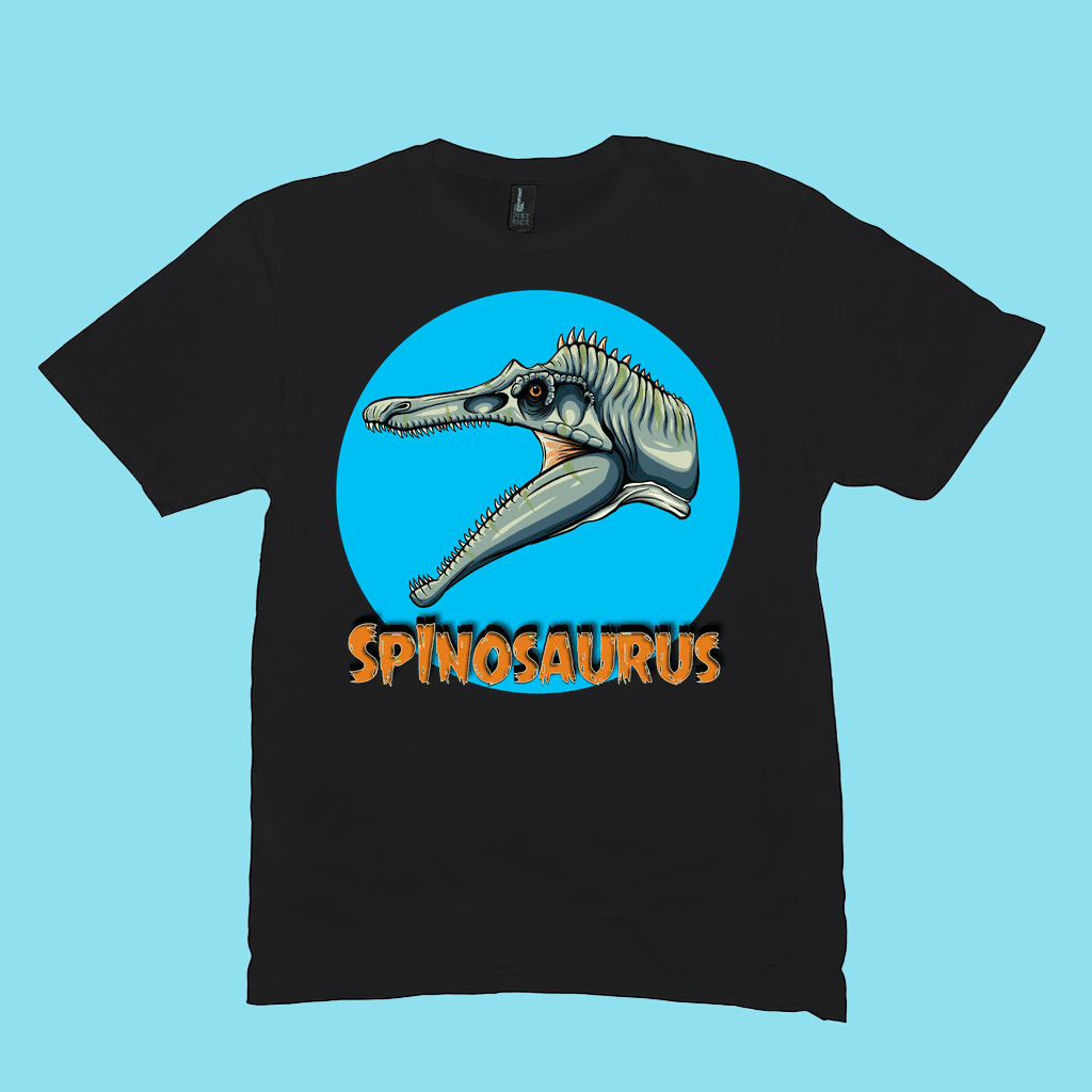 The Men Spinosaurus Head T-Shirt by Jurassic Studio features a cartoon dinosaur in a blue circle with bold orange SPINOSAURUS text. A unique gift for dino fans—exclusive from Jurassic Studio!.